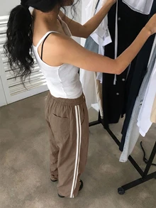 DAZY Women's Elastic Waist Patchwork Tape Loose Street Style Long Pants, All Season Fall - Khaki - View 5