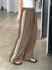 DAZY Women's Elastic Waist Patchwork Tape Loose Street Style Long Pants, All Season Fall - Khaki - View 3