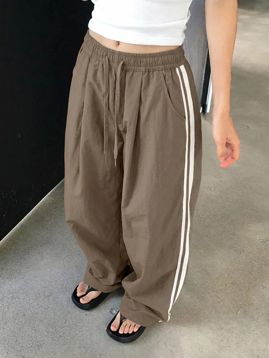 DAZY Women's Elastic Waist Patchwork Tape Loose Street Style Long Pants, All Season Fall - Khaki - View 1