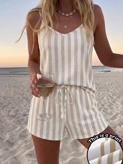 SHEIN LUNE Ensemble décontracté femme blanc crème blocs de couleurs avec débardeur et short, style sexy chic côtier, pour tous les jours, plage, vacances d'été