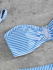 Swim Vcay Women Summer Striped Print Halter V-Neck Bikini Set - Blue and White - View 5