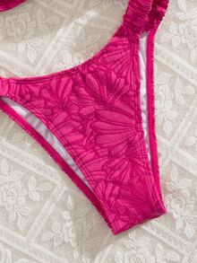 SHEIN Swim 2 件套女士春假沙滩装夏季服装，纯色花卉面料荷叶边厚肩带钢圈文胸可爱比基尼套装 - 玫紅色 - 查看 5