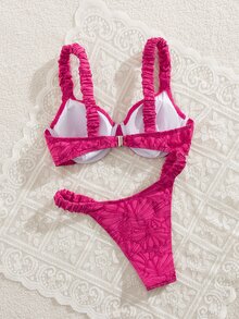 SHEIN Swim 2 件套女士春假沙滩装夏季服装，纯色花卉面料荷叶边厚肩带钢圈文胸可爱比基尼套装 - 玫紅色 - 查看 4