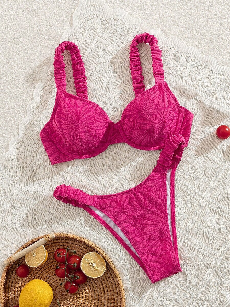 SHEIN Swim 2 件套女士春假沙滩装夏季服装，纯色花卉面料荷叶边厚肩带钢圈文胸可爱比基尼套装