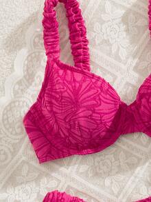 SHEIN Swim 2 件套女士春假沙滩装夏季服装，纯色花卉面料荷叶边厚肩带钢圈文胸可爱比基尼套装 - 玫紅色 - 查看 3