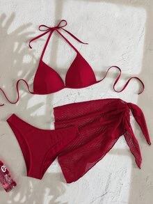 SHEIN Swim 3pcs/Set Summer Vacation Sexy Solid Color Halter Triangle Cup Bikini Set With Tie Wrap Mini Skirt - Red - View 5