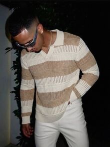 Manfinity LEGND Men's Autumn Casual Goth Colorblock Patchwork Dropped Shoulder Long Sleeve Sweater, - Khaki - View 1