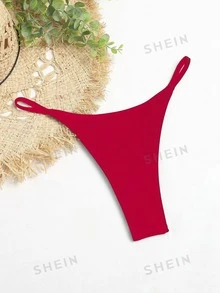 SHEIN Swim Basics 纯色极简设计夏季时尚比基尼下装 - 紅色 - 查看 3