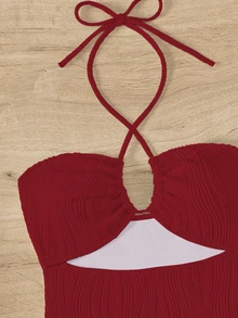 SHEIN Swim 2 件套 2025 女士夏季度假纯色交叉镂空吊带性感连体泳衣带罩衫和裙子 - 酒紅色 - 查看 7