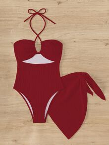 SHEIN Swim 2 件套 2025 女士夏季度假纯色交叉镂空吊带性感连体泳衣带罩衫和裙子 - 酒紅色 - 查看 6