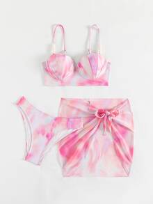 SHEIN Swim Summer Beach Tie Dye Push Up Bikini Set With Beach Skirt - Multicolor - View 3