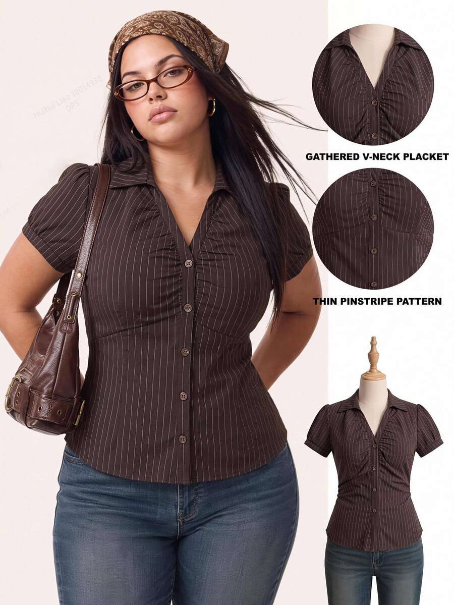 Comfortcana Plus Size Women's Striped Slim Fit Versatile Casual Short Sleeve Shirt - Brown - View 1