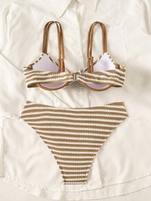 SHEIN Swim 夏季新款女款泳衣 有鋼圈 聚攏胸型 抓褶設計 雙肩細肩帶 可調節後背 三角比基尼 2件套 - 彩色 - 查看 2