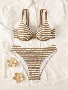 SHEIN Swim 夏季新款女款泳衣 有鋼圈 聚攏胸型 抓褶設計 雙肩細肩帶 可調節後背 三角比基尼 2件套 - 彩色 - 查看 3