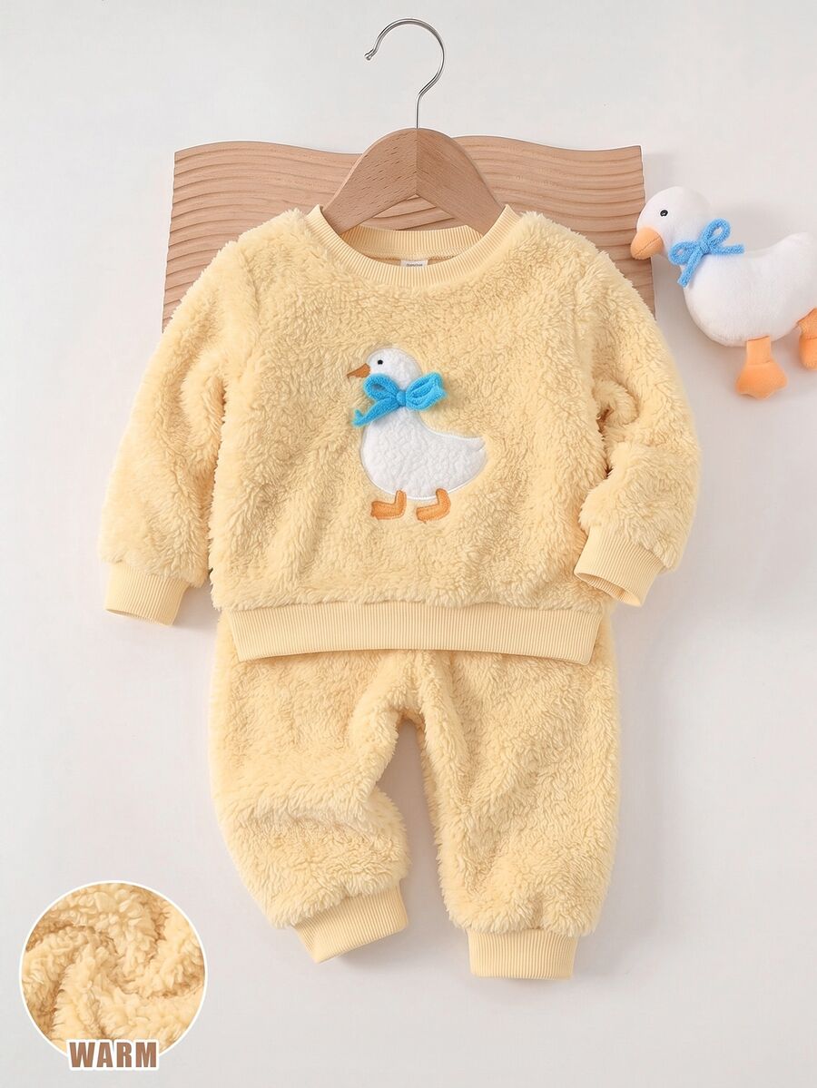 SHEIN Baby Girl Infant Girl Cute Cartoon Pattern Bow Yellow Fluffy Loungewear Set Autumn - Yellow - View 1