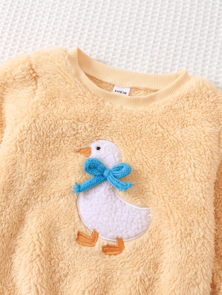 SHEIN Baby Girl Infant Girl Cute Cartoon Pattern Bow Yellow Fluffy Loungewear Set - Yellow - View 6