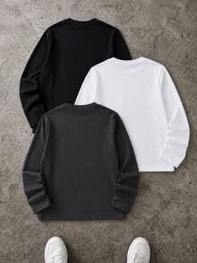 SHEIN Vacaura 3件組男童休閒字母印花多色拼接圓領長袖T恤，適合秋季單穿、多風格搭配，冬季可作為外套內搭，時尚款 - 彩色 - 查看 8