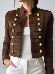 SHEIN Fashionable Elegant Versatile Casual Commute Luxurious Light Luxury Gold Decorative Buckle Open Front Round Neck Long Sleeve Women's Top Jacket - Brown - View 5