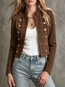 SHEIN Fashionable Elegant Versatile Casual Commute Luxurious Light Luxury Gold Decorative Buckle Open Front Round Neck Long Sleeve Women's Top Jacket - Brown - View 7