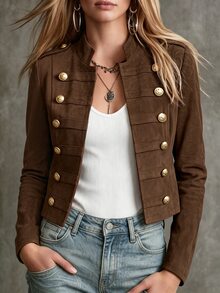SHEIN Fashionable Elegant Versatile Casual Commute Luxurious Light Luxury Gold Decorative Buckle Open Front Round Neck Long Sleeve Women's Top Jacket - Brown - View 4