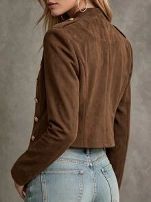 SHEIN Fashionable Elegant Versatile Casual Commute Luxurious Light Luxury Gold Decorative Buckle Open Front Round Neck Long Sleeve Women's Top Jacket - Brown - View 3