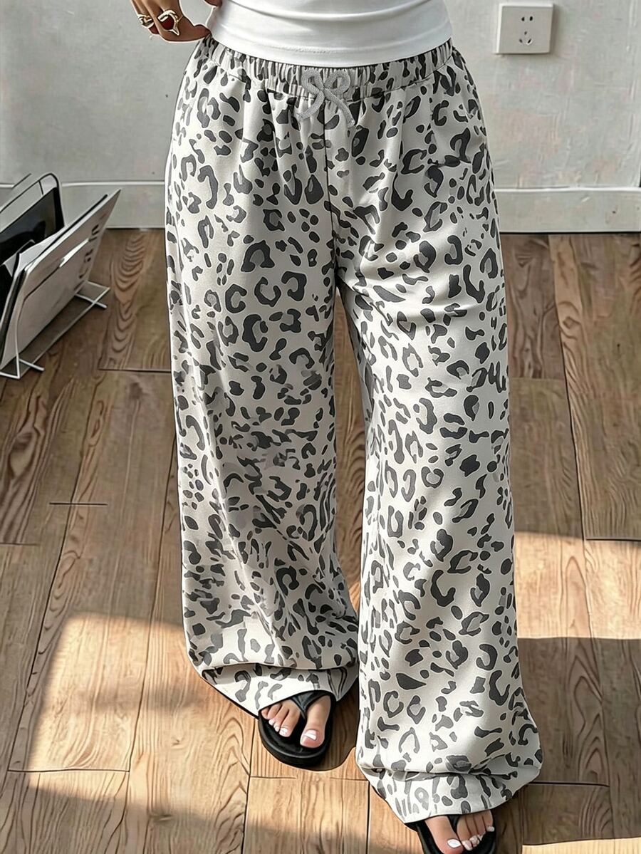 SHEIN 1件少女白色灰色豹紋寬腿褲,抽繩高腰,甜美寬鬆可愛酷感,適合夏秋街頭穿搭 - 灰色 - 查看 1