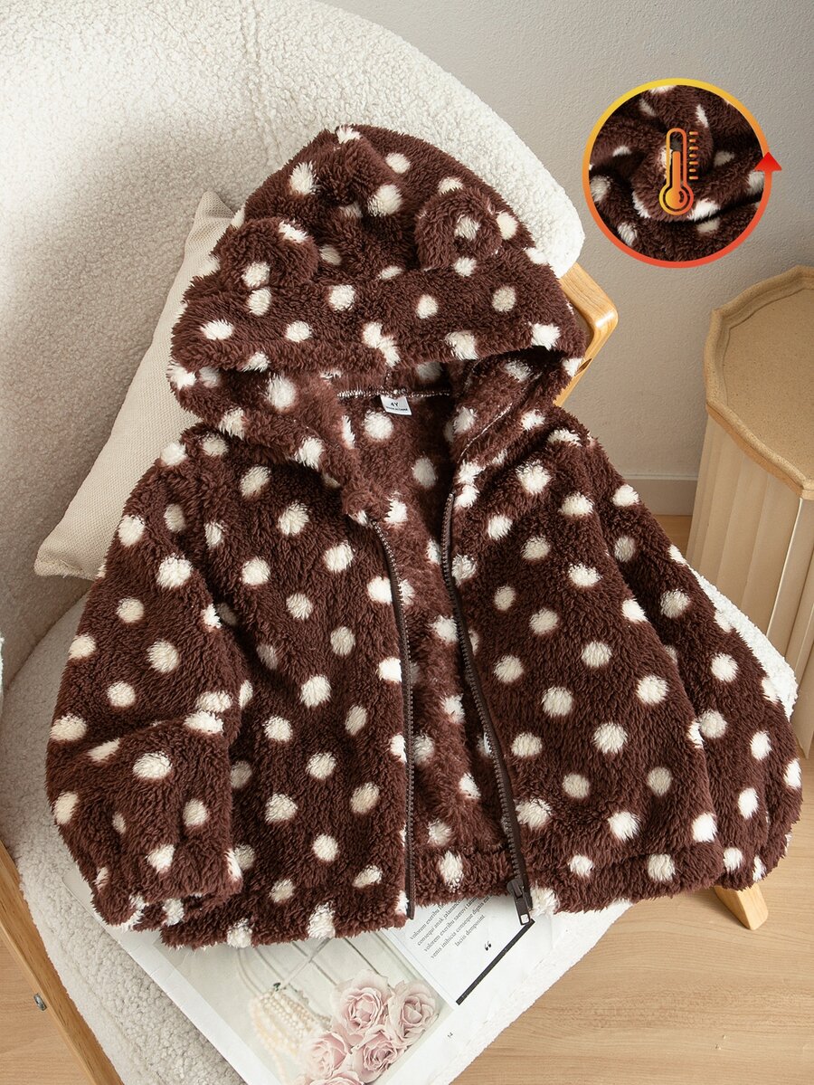 SHEIN Girls' Autumn/Winter Casual Coffee-Colored Polka Dot Fleece Zip-Up Hooded Cardigan Jacket - Brown - View 1