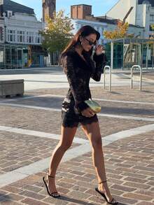 Opulessa Women's Patchwork Fur Collar Long Sleeve Lace Single-Breasted Top - Black - View 7
