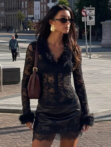 Opulessa Women's Patchwork Fur Collar Long Sleeve Lace Single-Breasted Top - Black - View 8