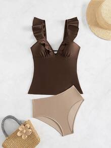 Swim Lushoire 2pcs Women Mature Conservative Beach Summer Swimwear Set: V-Neck Ruffle Strap Top With Solid Color Shinny Fabric And Solid Color Basic Triangle Bottom - Brown - View 2