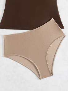 Swim Lushoire 2pcs Women Mature Conservative Beach Summer Swimwear Set: V-Neck Ruffle Strap Top With Solid Color Shinny Fabric And Solid Color Basic Triangle Bottom - Brown - View 7