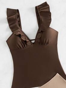 Swim Lushoire 2pcs Women Mature Conservative Beach Summer Swimwear Set: V-Neck Ruffle Strap Top With Solid Color Shinny Fabric And Solid Color Basic Triangle Bottom - Brown - View 8