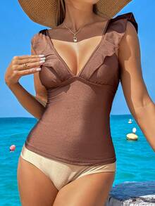 Swim Lushoire 2pcs Women Mature Conservative Beach Summer Swimwear Set: V-Neck Ruffle Strap Top With Solid Color Shinny Fabric And Solid Color Basic Triangle Bottom - Brown - View 1