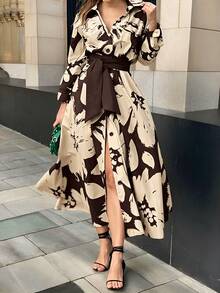 SHEIN Clasi 優雅休閒寬鬆綁帶大花卉印花設計女款洋裝 - 咖啡 - 查看 1