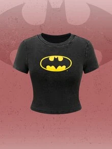 Batman X ROMWE تي شيرت تي شيرت بنمط بسيط مطبوع بشعار الخفاش, صيفي - الأسود - مشاهدة 1