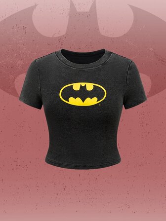 Batman X ROMWE Casual Bat Logo Printed Slim Fit T-Shirt, Summer