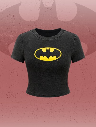 Batman X ROMWE Camiseta de ajuste delgado con estampado de logotipo de murciélago, informal, de verano