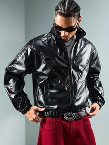 ROMWE MEN Men's Stand Collar Fashion Jacket - Black - View 7