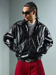 ROMWE MEN Men's Stand Collar Fashion Jacket - Black - View 5