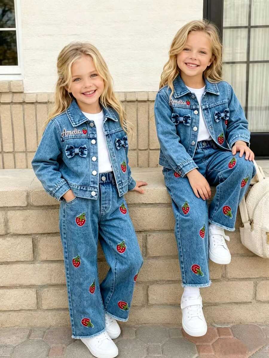 SHEIN ChillGRL 女童牛仔外套與長褲兩件套,草莓蝴蝶結刺繡,小女孩休閒牛仔女孩長袖牛仔套裝,春季母女裝,藍色,秋季 - 藍色 - 查看 1