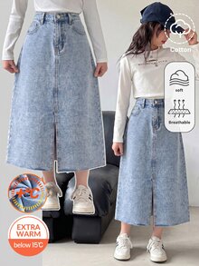 SHEIN Kids Tween Girl Y2k Fashion Loose And Comfortable Warm-Fitting Woolen Light Blue Denim Half-Length Skirt - Blue - View 1