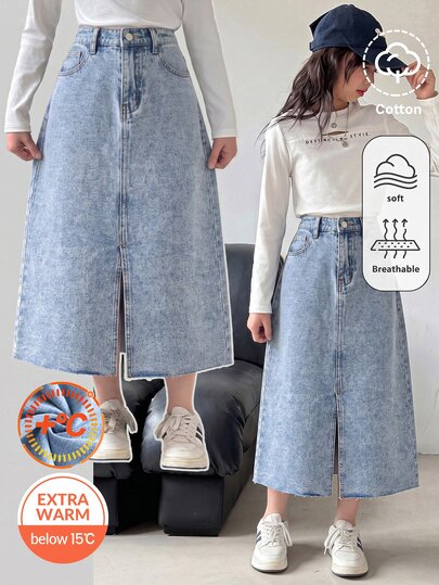 SHEIN Kids Tween Girl Y2k Fashion Loose And Comfortable Warm-Fitting Woolen Light Blue Denim Half-Length Skirt