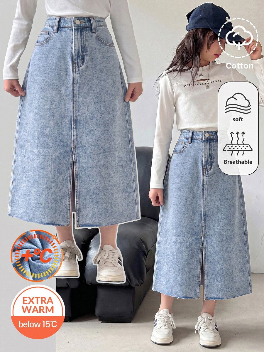 SHEIN Kids Tween Girl Y2k Fashion Loose And Comfortable Warm-Fitting Woolen Light Blue Denim Half-Length Skirt - Blue - View 1