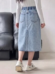 SHEIN Kids Tween Girl Y2k Fashion Loose And Comfortable Warm-Fitting Woolen Light Blue Denim Half-Length Skirt - Blue - View 2
