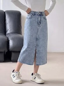 SHEIN Kids Tween Girl Y2k Fashion Loose And Comfortable Warm-Fitting Woolen Light Blue Denim Half-Length Skirt - Blue - View 4