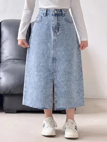 SHEIN Kids Tween Girl Y2k Fashion Loose And Comfortable Warm-Fitting Woolen Light Blue Denim Half-Length Skirt - Blue - View 3