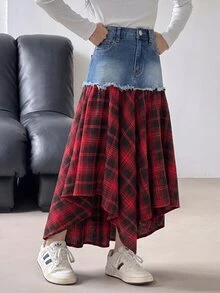 SHEIN Kids Tween Girl Red And Black Checkered Pattern And Asymmetrical Hemline Christmas Blue Denim Skirt - Blue - View 3
