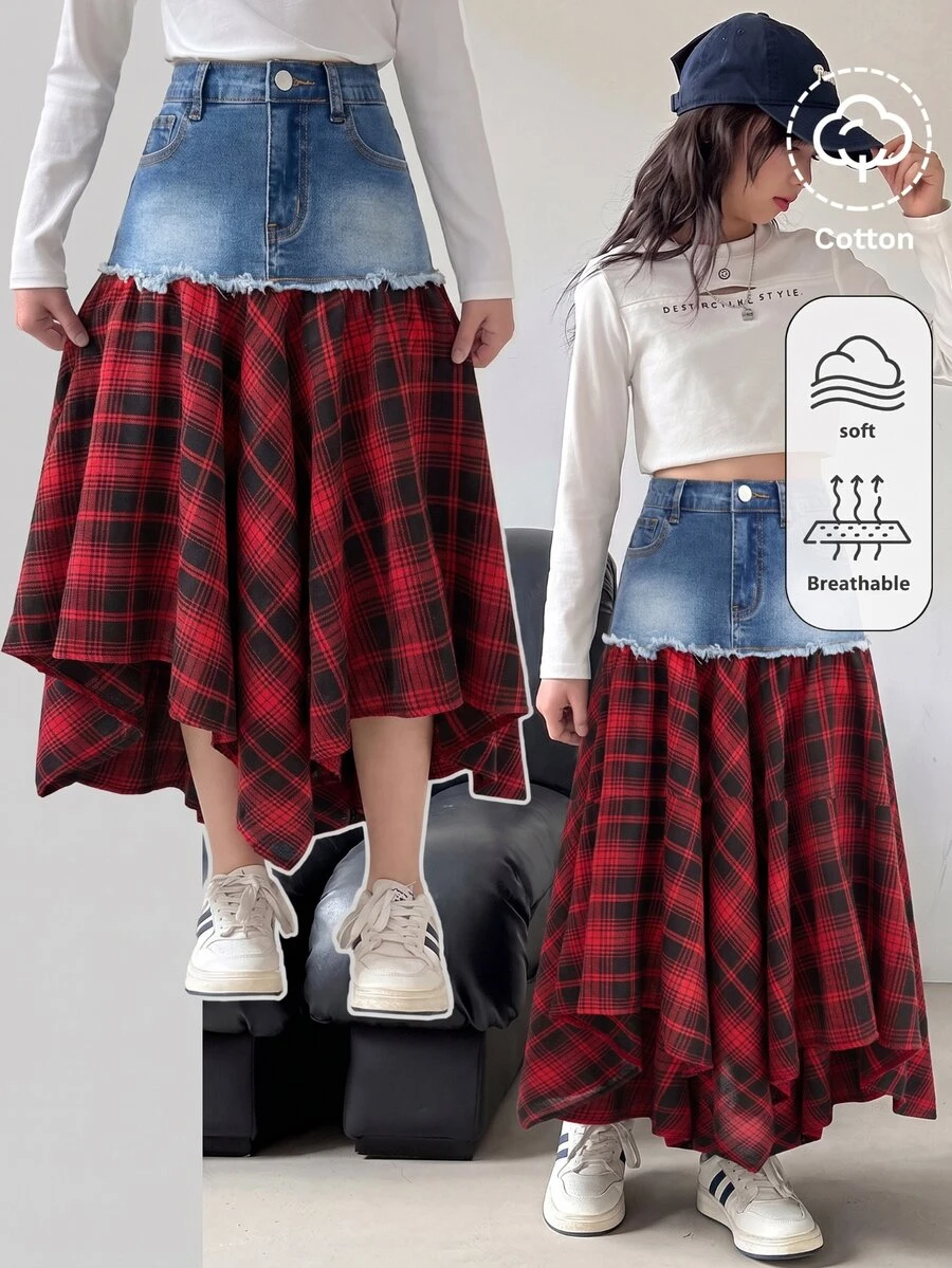 SHEIN Kids Tween Girl Red And Black Checkered Pattern And Asymmetrical Hemline Christmas Blue Denim Skirt - Blue - View 1