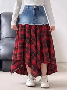 SHEIN Kids Tween Girl Red And Black Checkered Pattern And Asymmetrical Hemline Christmas Blue Denim Skirt - Blue - View 4