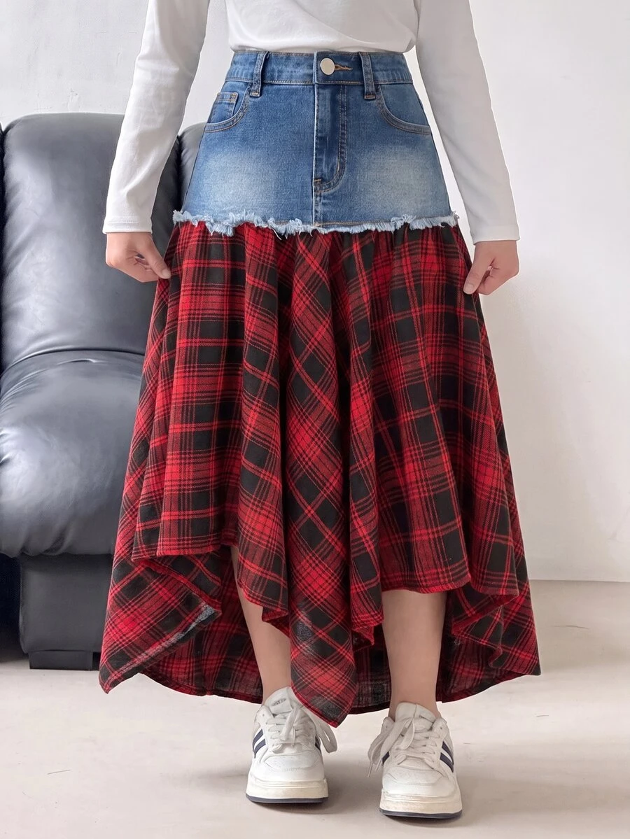 SHEIN Kids Tween Girl Red And Black Checkered Pattern And Asymmetrical Hemline Christmas Blue Denim Skirt - Blue - View 1
